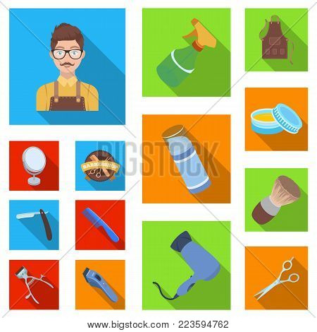 Barbershop and equipment flat icons in set collection for design. Haircut and shave vector symbol stock  illustration.
