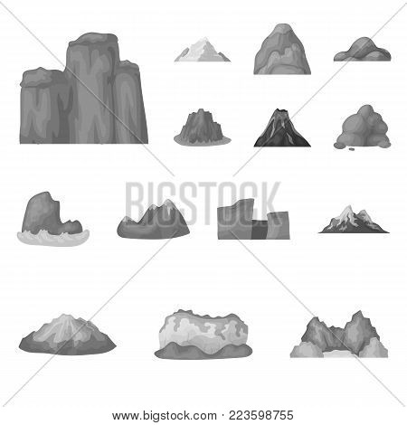 Different mountains monochrome icons in set collection for design.Mountains and landscape vector symbol stock  illustration.