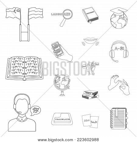 Translator and linguist outline icons in set collection for design. Interpreter vector symbol stock  illustration.