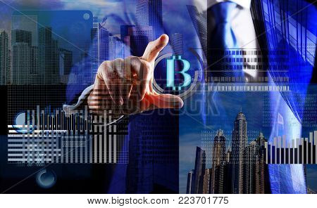 financial technology concept, bitcoin cryptocurrency, cryptographic. virtual banking. businessman and bitcoin. Digitall symbol of a new virtual currency. btc digital investment. business of future