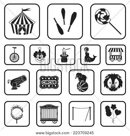 Circus and attributes black icons in set collection for design. Circus Art vector symbol stock  illustration.