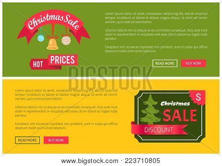Premium quality hot price hristmas sale card vector illustration isolated on yellow and green backgrounds, ad text, tree ribbons push-buttons toys