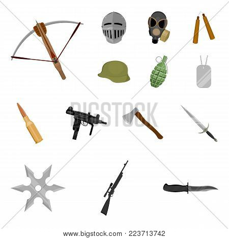 Types of weapons cartoon icons in set collection for design.Firearms and bladed weapons vector symbol stock  illustration.