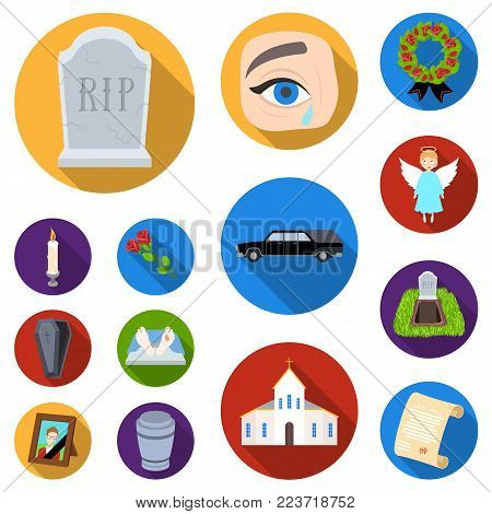 Funeral ceremony flat icons in set collection for design. Funerals and Attributes vector symbol stock  illustration.