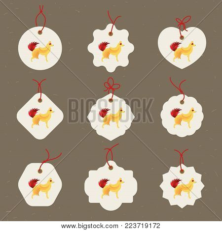 Set of Vector tags with illustration of dog, symbol of 2018 on the Chinese calendar. Element for New Year's design. Year of Yellow Dog. Used for advertising, greetings, discounts
