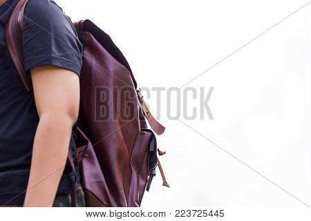 Beside of thai boy student with school backpack on white background