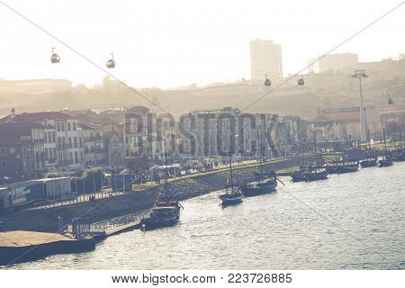 PORTO, PORTUGAL - JANUARY 18,2018: Panorama View on Porto, Duoro River, Ribeira District and Dom Luis Bridge