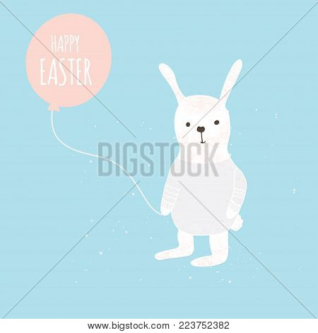 Easter banner background, template with cute banny, rabbit and text, hand drawn illustration. Modern postcard or invitation for holliday.