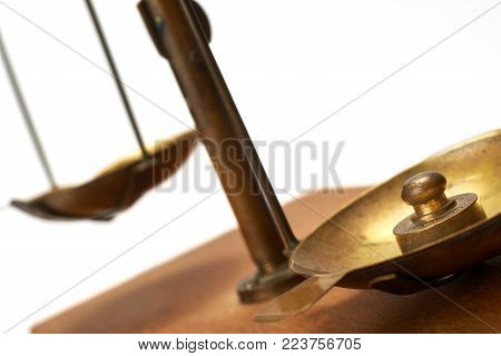 Weight scale with a plummet on white background.