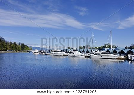 Yachts parking in harbor, Vancouver downtown, bc