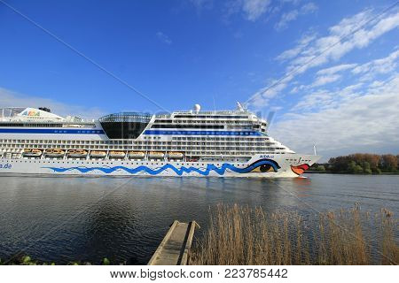 Velsen, the Netherlands -April 19th, 2017:   Aida Sol on North Sea Canal, on it's way to the Amsterdam Cruise Terminal