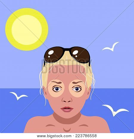 redness on woman facial and neck skin.Vector Illustration about danger of Ultraviolet. on sea background with sun