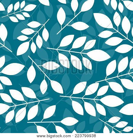 Seamless Botanical pattern with white leaves on a blue background. Vector illustration.
