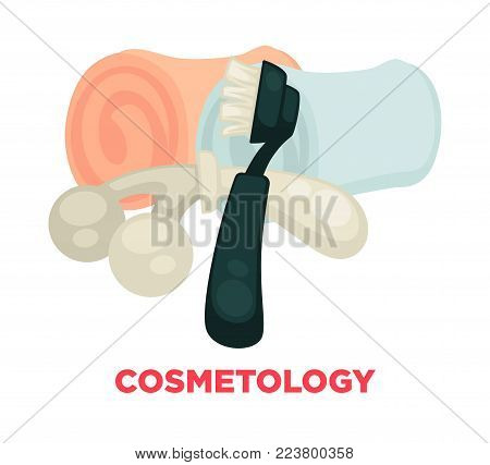 Cosmetology advertisement banner with special beauty tools and warm cashmere towels in rolls. Brush on plastic hands and plastic appliance cartoon flat vector illustration on white background.