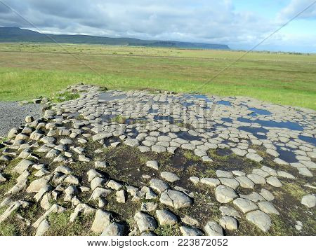 The landscape of Kirkjugolf  in Kirkjubaejarklaustur in Iceland, July 6, 2017