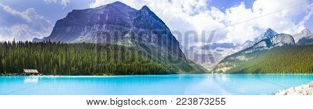 Panoramic view of Lake Louise in Banff National Park in the Rocky Mountains, Alberta, Canada.