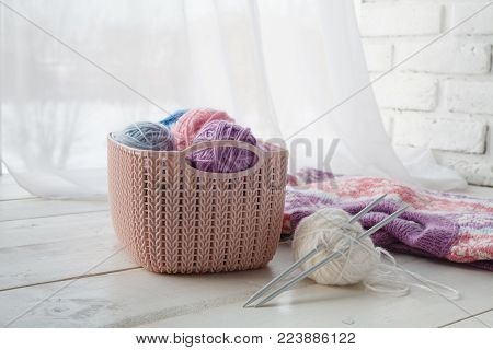 Knitten Things And Needlework Accessories In Home Organizers Colored Baskets