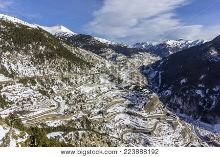 Village of Canillo view from observation deck, in Roc Del Quer trekking trail. Principality of Andorra.