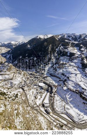 Village of Canillo view from observation deck, in Roc Del Quer trekking trail. Principality of Andorra.
