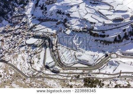 Village of Canillo view from observation deck, in Roc Del Quer trekking trail. Principality of Andorra.