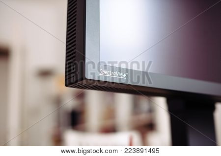 Paris, France - Jan 9, 2017: Spectraview Sign On The Nec Spectraview Reference 322uhd Display Logoty