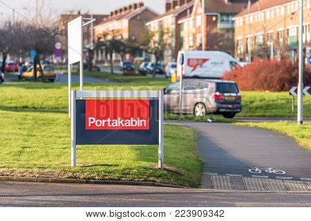 Northampton UK January 10 2018: Portakabin Portable and Modular Buildings to Hire logo sign stand.