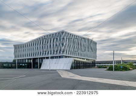VIBORG, DENMARK - AUGUST 18, 2016: City hall of Viborg, Denmark. Designed by Henning Larsen international architecture firm