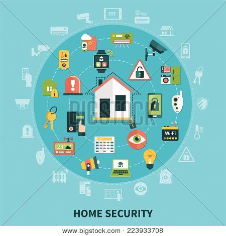 Home security round composition with household appliances, control system devices, detectors on blue background  flat vector illustration