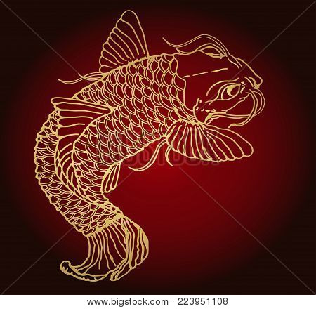 Golden fish catfish on a red gradient background. Detailed sketch of tattoo