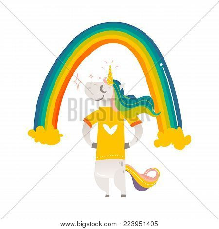 Funny unicorn character standing proudly under rainbow, wearing tshirt, flat cartoon vector illustration isolated on white background. Full length portrait of happy unicorn character under big rainbow