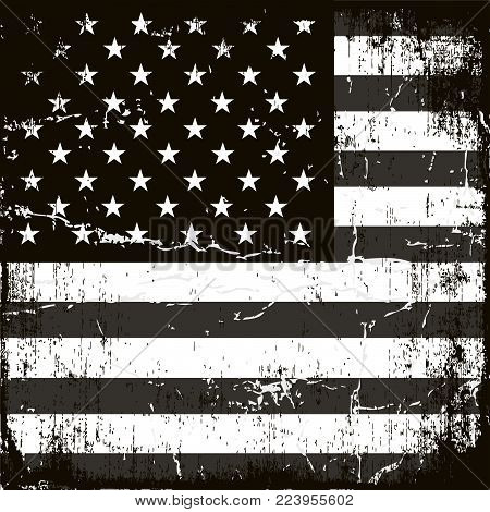 American Flag Background. Grunge Aged Vector Template. Horizontal orientation. Monochrome gamut. Black and white. Grunge layers can be easy editable