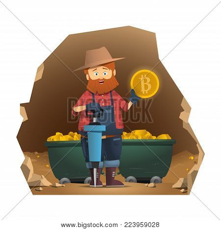 Miner with jackhammer. Prospector holding a gold coin. Gold bitcoin trolley with gold
