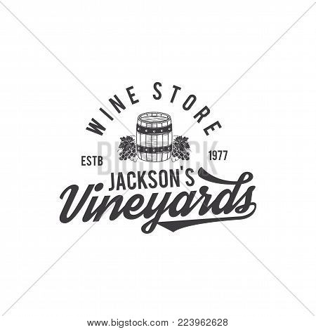 Wine shop logo, label. Organic wines.Vineyard badge. Retro Drink symbol - wine barrel, vines. Typographic design vector illustration. Stock vector emblem and icon isolated on white background.