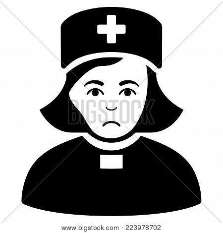 Unhappy Church Female Doctor vector pictogram. Style is flat graphic black symbol with affliction sentiment.