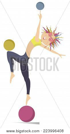 Funny young woman with multicolor hair standing on the ball and doing exercises with the balls isolated on white illustration