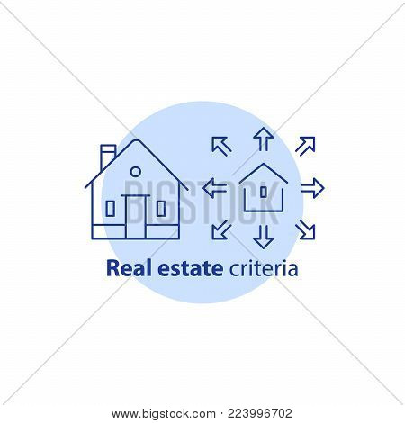 House enlargement services, extension concept, building addition, home improvement, remodeling logo, renovation and construction, property size, real estate options, vector line icon