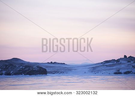 Lake Baikal, Winter. Cape Uyuga Sunset Landscape. Small Sea