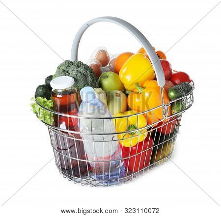 Shopping Basket With Grocery Products On White Background