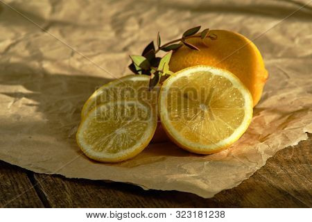 Group Of Lemons In The Sunlight On Paper. Sliced Lemon And Equaliptus Branch
