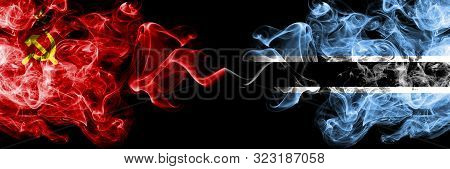 Communist Vs Botswana, Botswanan Abstract Smoky Mystic Flags Placed Side By Side. Thick Colored Silk