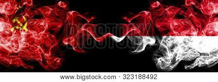 Communist Vs Monaco, Monacan Abstract Smoky Mystic Flags Placed Side By Side. Thick Colored Silky Sm