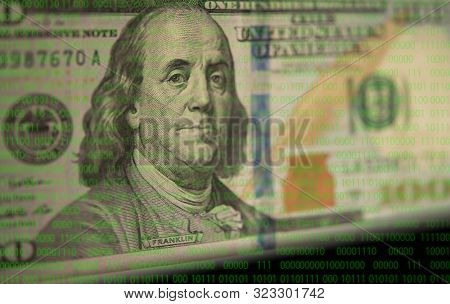 Digital Money And Protect Currency Concept. Dollar Money With Binary Digits Background.