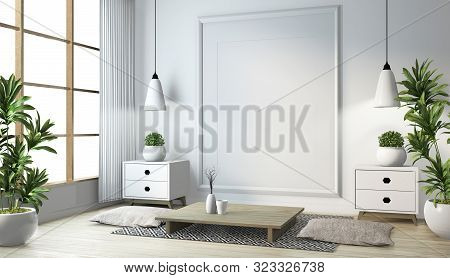 Idea Of Japanese Living Room With Lamp, Frame, Black Low Table In Room White Wall On Floor Wooden. 3