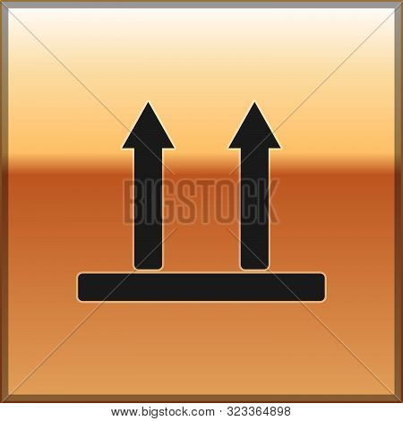 Black This Side Up Icon Isolated On Gold Background. Two Arrows Indicating Top Side Of Packaging. Ca