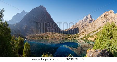 Alaudin Lakes In Fann Mountains, Tajikistan. Picturesque Panorama Of Turquoise Lake In Fanns Mountai