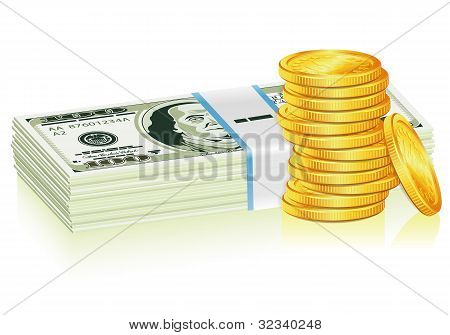 Stack Of Dollar And Gold Coins