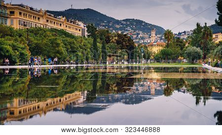 Nice, France - Nov 2, 2018 - Promenade Du Paillon Fountains With People