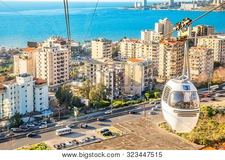 Cable Car Over The Residence District With Blue Sea In The Background, Jounieh, Keserwan District,, 