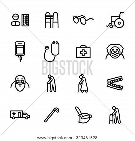 Old People Medicine Sign Black Thin Line Icon Set Include Of Pill, Walker, Jaw And Cane. Vector Illu