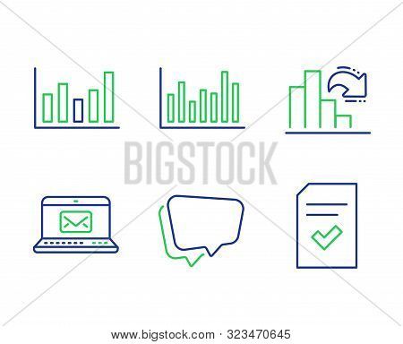 E-mail, Column Chart And Speech Bubble Line Icons Set. Bar Diagram, Decreasing Graph And Checked Fil